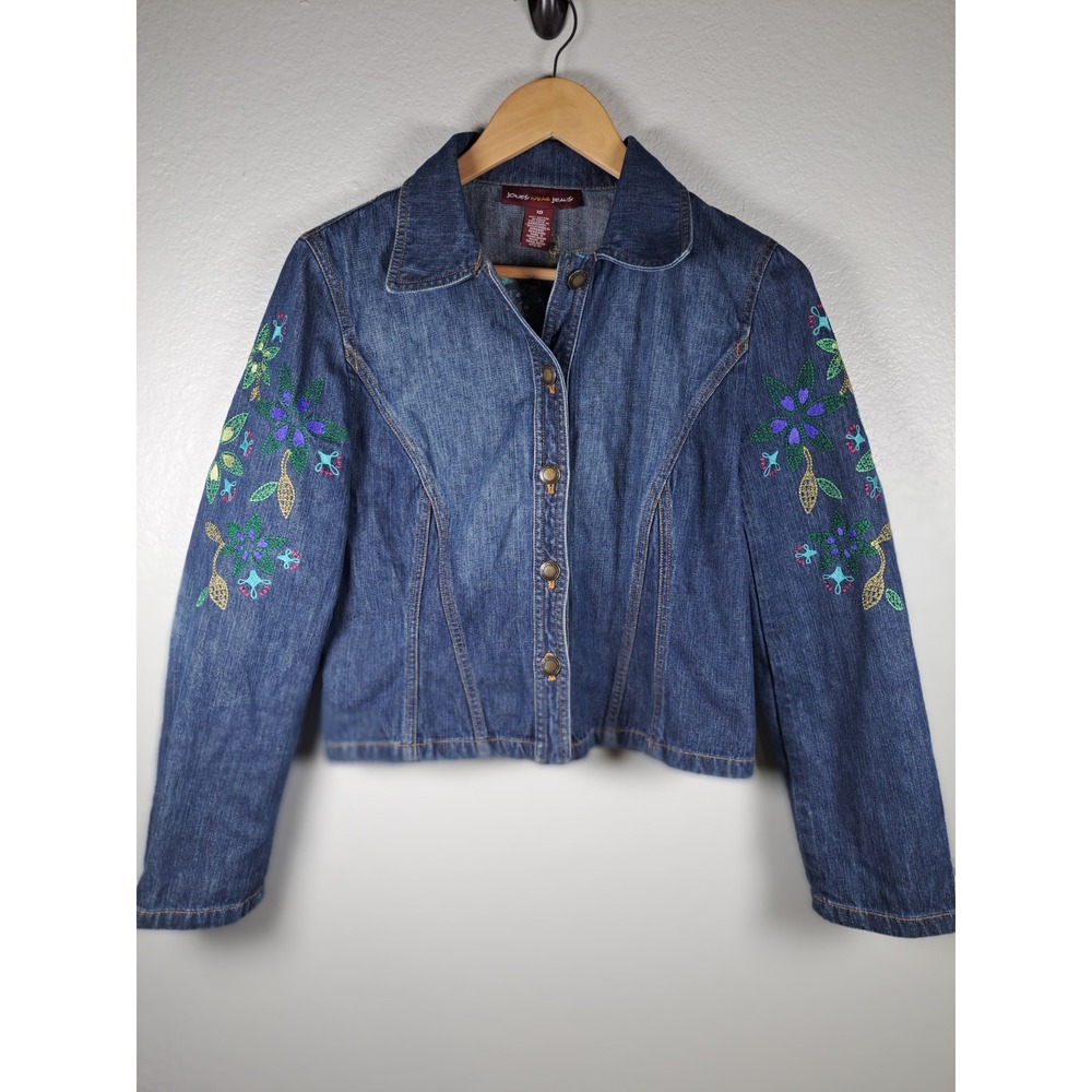 Jones Wear Jeans Embroidered Floral Denim Jacket Medium Wash Blue Cotton Size 10